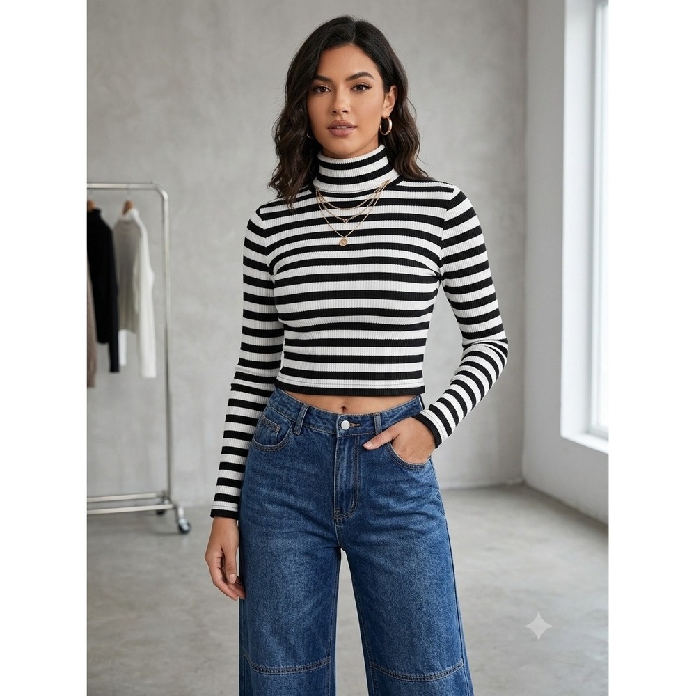 Aerie Striped‎ Waffle Knit Turtleneck Cropped Long Sleeve Top Black White Small